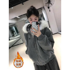 批发大码胖mm秋季新款慵懒风毛领连帽外套女灰色短款拉链<b class='q'>开衫</b>休闲百搭