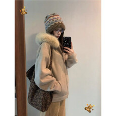 批发<b class='q'>甜美</b>复古毛领连帽加绒加厚毛呢卫衣外套女装冬季新款宽松呢子大衣