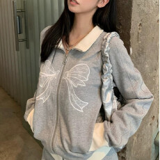 批发美式灰色<b class='q'>开衫</b>卫衣女春秋新款蝴蝶结刺绣立领外套宽松设计感上衣潮