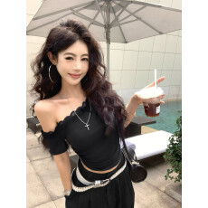 批发1*1莫代尔夏季纯欲风短款辣妹短袖t恤女修身显瘦百搭设计感上衣女