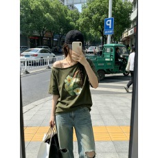 雪花冰爽棉椰子印花斜领短袖T恤女新夏季海岛假日休闲百搭上衣
