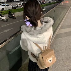 批发纯棉华棉复合】毛领短款外套女秋新款小个子休闲百搭<b class='q'>开衫</b>连帽卫衣