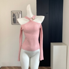 批发【Fart Shop】粉嫩桃子 纯欲风露肩挂脖<b class='q'>打底衫</b>女秋冬粉色针织长袖