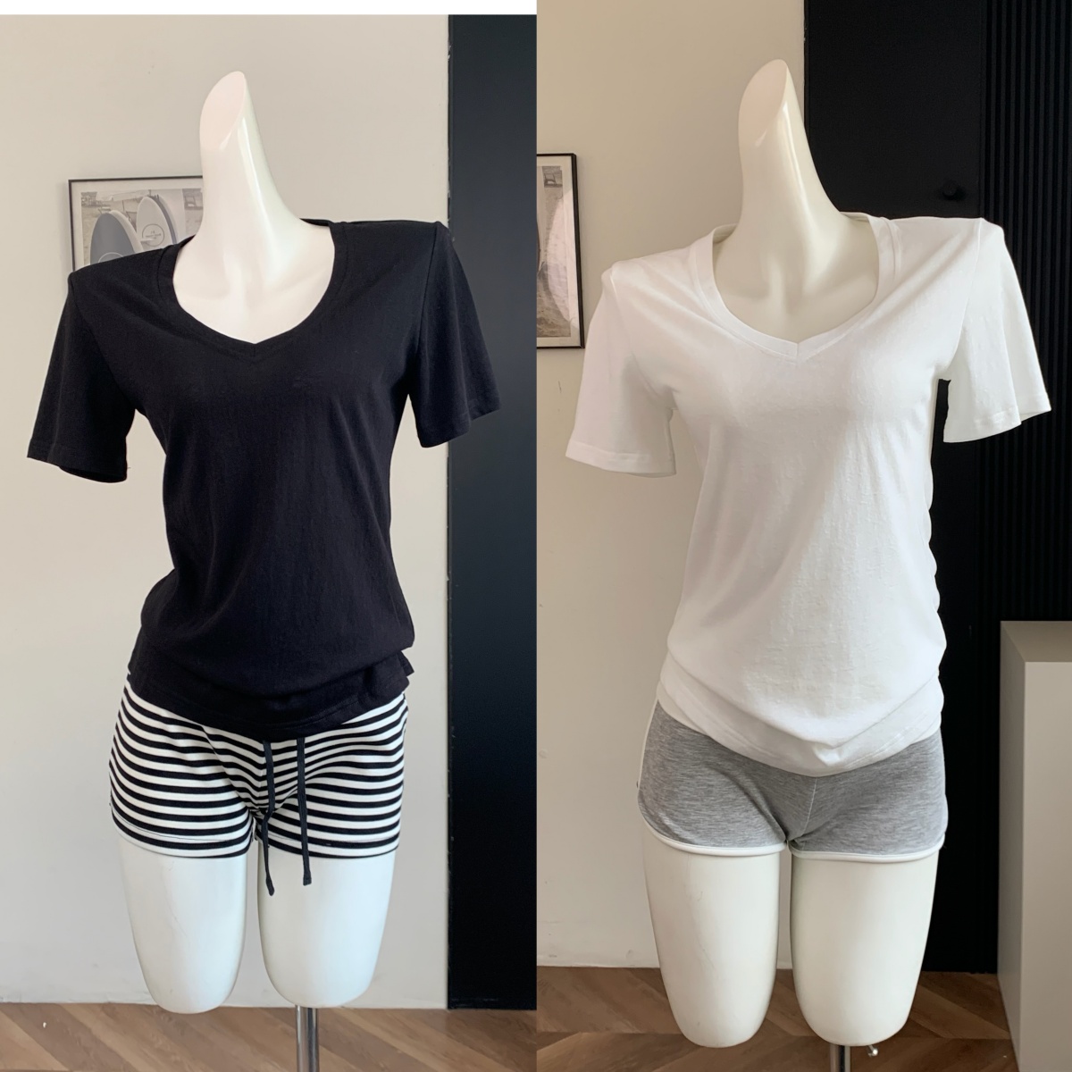 yolo shop 돌아 가기 편안함 2.0 라이 경기 서울 느슨함 센스 눈 무늬 V넥 루즈핏 미니멀리즘 반팔 티셔츠 맨위