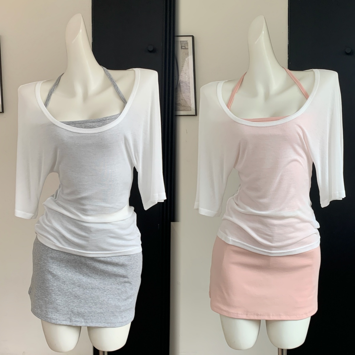 화이트 워터 여성 주요 추진력 느긋한 아름다움 세트 티셔츠 슬립 여성 이른 가을 반신 스커트 한 부서 캐주얼 3종 세트