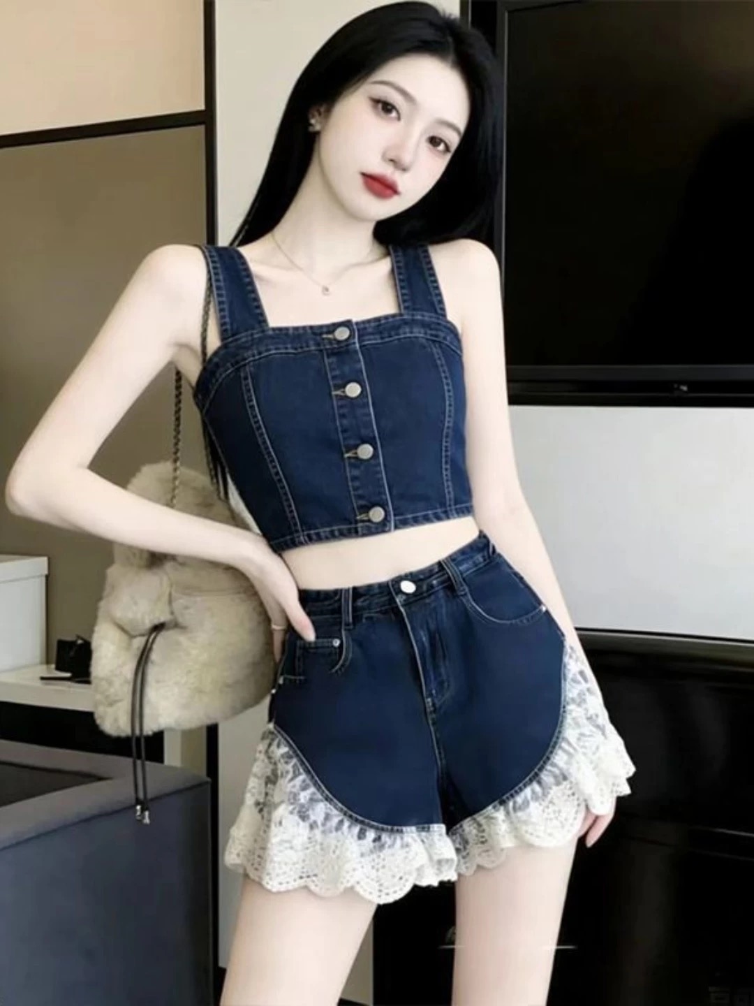 순수한 욕망 핫걸 세트 여성 2026 여름 새로운 한국 스타일 레트로 데님 슬립 레이스 조각 반바지 투피스 세트
