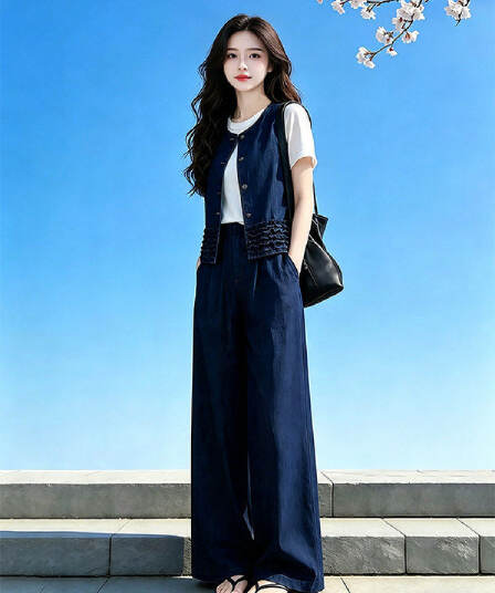 품격 전체 집합 ootd 착용 가져 가라. 연령 감소 캐주얼 운동 고급 센스 베스트 반팔 와이드 레그 팬츠 세 조각 여성 세트 여름
