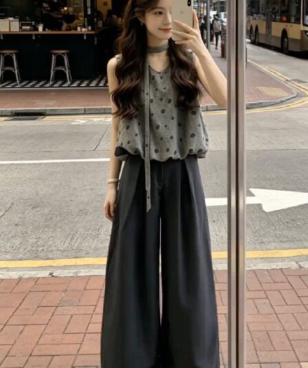 한 부서 자이언트 잘 생긴 ootd 착용 가져 가라. 전체 집합 도트 무늬 꽃밭 조끼 맨위 여름 하이웨이스트 와이드 레그 팬츠 어린이 세트