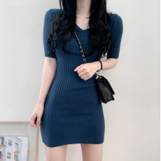 批发修身V领螺纹气质冰爽丝连衣裙