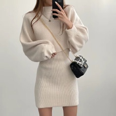 批发毛衣背心裙加高领披肩毛衣裙套装两件套女