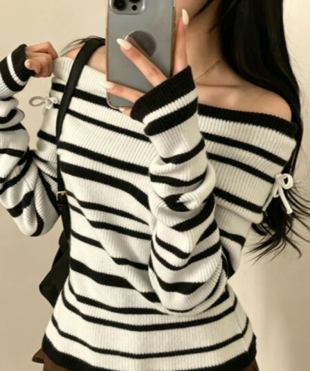 한국 chic 겨울 새로운 레트로 미니멀리즘 스트라이프 보트넥 오프숄더 스웨터