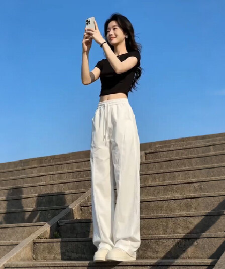 여름 품격 연령 감소 세트 여성 검정색 반팔 티셔츠 다용도 루즈핏 슬림해 보이는 넓은 다리 캐주얼 바지 투피스 세트