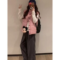 批发2026秋冬季韩系红色格子羽绒棉衣<b class='q'>马甲</b>女<b class='q'>马夹</b>外穿面包棉袄外套上衣