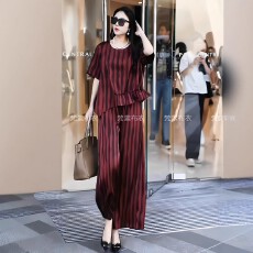 批发夏大码复古高级感醋酸条纹短袖不规则上衣宽松阔腿<b class='q'>裤</b><b class='q'>气质</b>两件套<b class='q'>装</b>