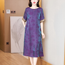 批发实拍夏季新中式优雅短袖织锦提花<b class='q'>连衣</b>裙中长浮光一字领显瘦<b class='q'>长裙女</b>