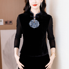 批发实拍<b class='q'>真丝</b>绒上衣女2025秋装新款名媛弹力网纱长袖T恤新中式打底衫