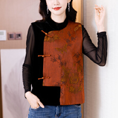 批发实拍复古提花秋冬新款马甲<b class='q'>背心</b>女士立领<b class='q'>真丝</b>丝绒改良斜襟盘扣上衣