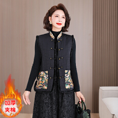 批发实拍真丝香云纱新中式马甲棉服女冬季重工刺绣轻国风盘扣夹棉外套