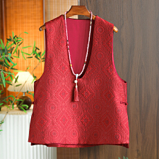 批发实拍2026春夏新中式国风提花深V领人丝开叉宽松<b class='q'>百搭</b>马甲背心女