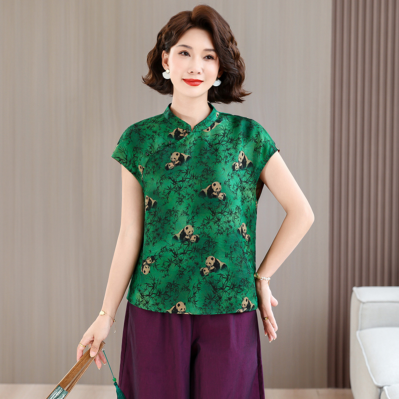 실사 2026 여름 새로운 실크 샹윈사 새로운 중식 국풍 서있는 칼라 플라워 루오 맨위 반팔 셔츠