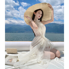 批发手工立体捏褶花朵网纱挂脖连衣裙绝美漂亮小裙子