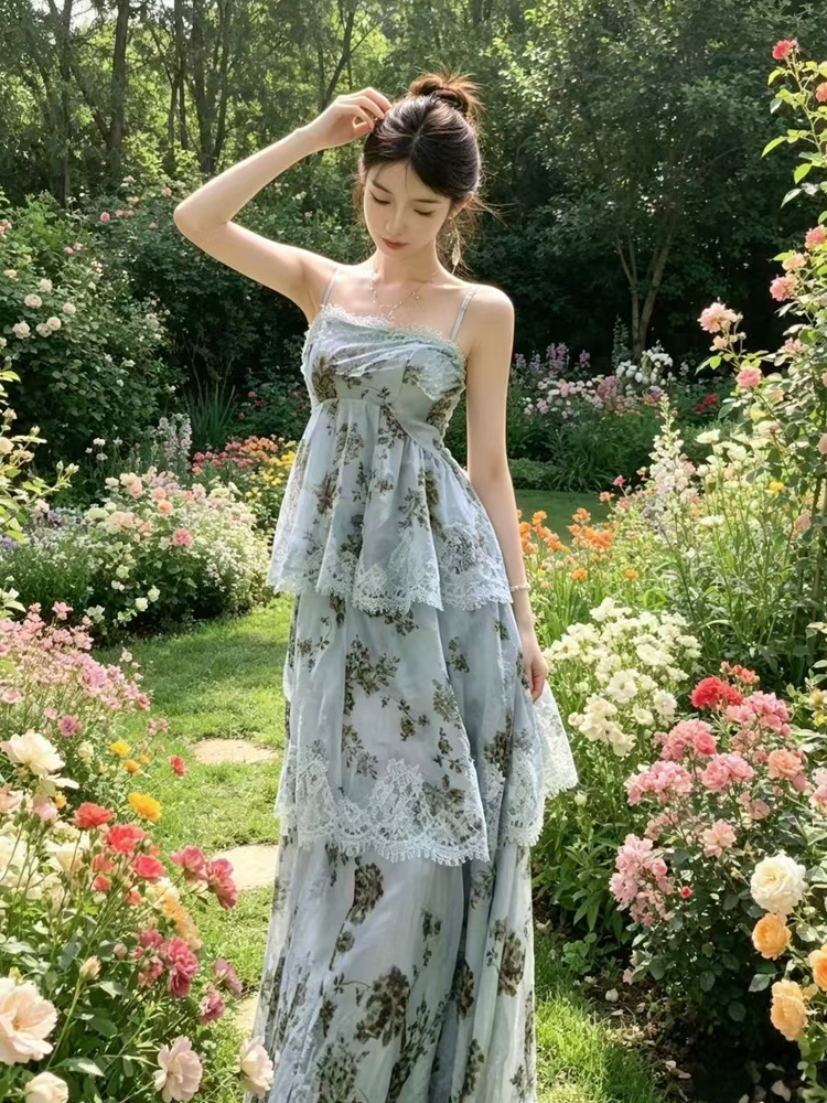 珈 블루 휴가 요정 가스 꽃무늬 레이스 다중 레이어 케이크 드레스 슬립 드레스 봄 여름