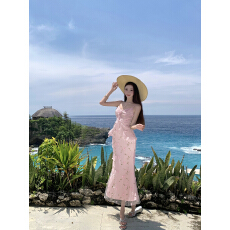 批发海边度假粉色连衣<b class='q'>裙</b>女夏立体碎花绝美雪纺吊带<b class='q'>裙</b>长<b class='q'>裙</b>