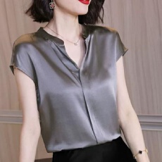 批发<b class='q'>真丝</b>女士衬衫短袖春夏法式小众上衣设计感高级小个子职业气质衬衣