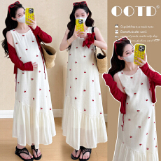 批发实拍~2025秋季新款韩版气质网纱拼接刺绣樱桃+防晒开衫套装