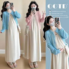 批发实拍~2025秋季新款网红<b class='q'>孕妇装</b>时尚减龄丝滑吊带+镂空披肩套装