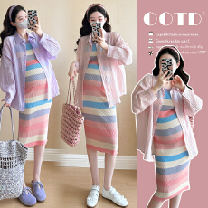 批发实拍~2025秋季新款时尚防晒开衫衬衣+彩虹减龄显瘦吊带裙套装