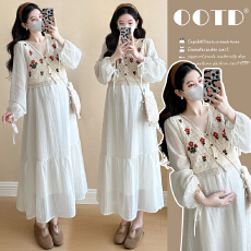 批发实拍~2025秋季新款时尚清新减龄显瘦钩花马甲假两件连衣裙