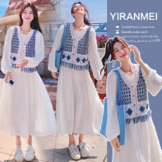 批发新品~2025秋季新款韩版时尚钩花马甲+打底裙清新减龄两件套