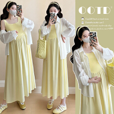 批发实拍~2025秋新款韩版时尚网红防晒衬衣+拼接吊带裙套装