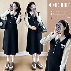 批发实拍~2025秋冬新品韩版学院风减龄假两件设计感<b class='q'>孕妇装</b>连衣裙