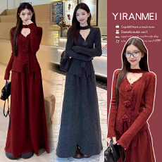 批发新品~2025秋冬气质氛围感红色花朵喜庆毛衣+半身裙两件套装