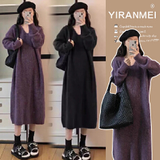 批发新品~秋冬新款网红同款<b class='q'>孕妇装</b>韩版时尚显瘦V领加厚打底毛衣裙