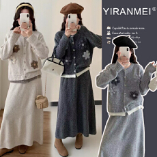 批发实拍~2025秋冬新品韩版时尚减龄花朵上衣+半身裙可调节套装