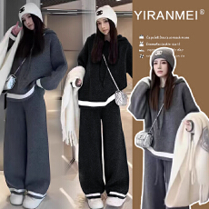 批发新品~秋冬新品韩版时尚减龄气质连帽毛衣+可调节阔腿裤套装
