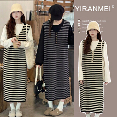 批发新品~2025秋冬套装韩版时尚宽松上衣加厚条纹背心裙两件套