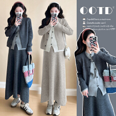 批发实拍~2025秋冬新款韩版时尚假两件上衣+托腹调节半身裙套装