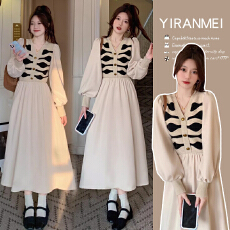 批发实拍~秋冬新款时尚拼接减龄显瘦V领气质网红<b class='q'>孕妇</b><b class='q'>连衣裙</b>