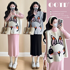 批发实拍~2025秋冬新款韩版时尚卡通兔子马甲+连衣裙减龄甜美套装