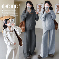 批发实拍现现~2025冬季新款网红时尚翻领上衣+可调节<b class='q'>孕妇</b><b class='q'>裤</b>毛衣套装