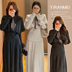 新品现现~2025冬季新款韩版时尚丝巾气质减龄斗篷上衣三件套套装