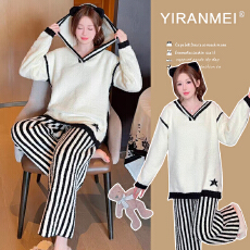 批发实拍现现~2025冬季新款<b class='q'>韩版</b>时尚提花上衣+裤子套装可外穿的居家服