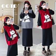 批发实拍现现~2025冬新款网红<b class='q'>韩版</b>时尚减龄雪人红色毛衣+流苏打底套装