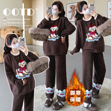 实拍现现~2025冬季新款韩版时尚提花上衣+裤子套装可外穿的居家服