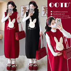 实拍现现~2026冬新款时尚跨年红色网红小兔马甲裙+打底孕妇套装