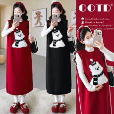 批发实拍现现~2026冬新款时尚跨年红色网红雪人马甲裙+打底孕妇套装